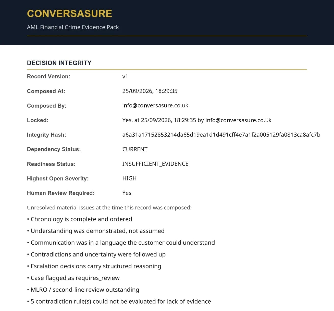 Decision Integrity page of an evidence pack showing record version, lock time, integrity hash and unresolved material issues